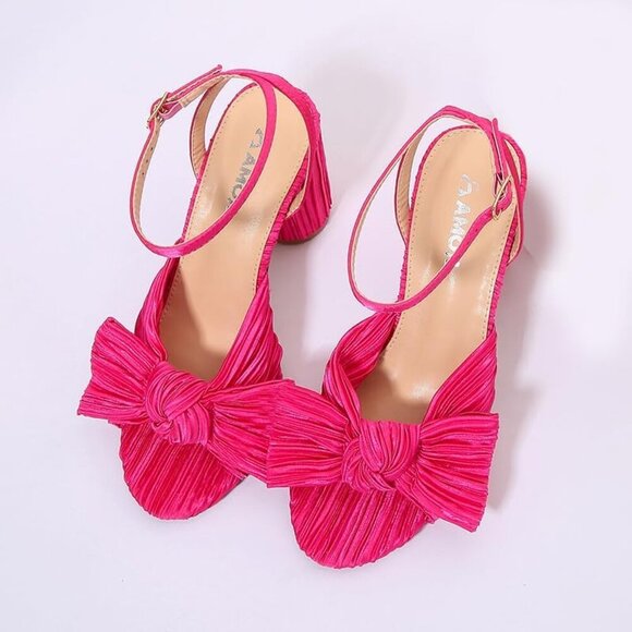 🆕 Women Pink Ankle Strap Bowknot Chunky Wedding Party Dress Shoes Heeled Sandal - Picture 4 of 9